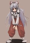  bangs cuffs fujiwara_no_mokou handcuffs mieharu red_eyes solo touhou white_hair 