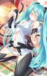  aqua_hair bare_shoulders blush bridal_gauntlets center_opening daidou_(demitasse) hatsune_miku hatsune_miku_(append) highres long_hair necktie sitting solo thighhighs twintails very_long_hair vocaloid vocaloid_append wavy_mouth wet wince 