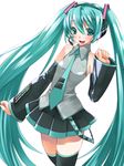  aqua_eyes aqua_hair bare_shoulders detached_sleeves fang hatsune_miku headset long_hair necktie open_mouth simple_background skirt solo takase_muu thighhighs twintails very_long_hair vocaloid white_background 