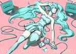  aqua_eyes aqua_hair arm_up bad_id bad_pixiv_id bare_shoulders bracelet cd cd_case character_name dress hatsune_miku headphones jewelry long_hair lying microphone necklace solo speaker strapless strapless_dress thighhighs twintails very_long_hair vocaloid youka_(yoka_ya) 