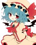  arms_behind_back ascot bad_id bad_pixiv_id bat_wings blue_hair blush bow brooch fang haru_(kyou) hat hat_ribbon heart jewelry open_mouth red_eyes remilia_scarlet ribbon shirt short_hair skirt smile solo touhou wings 