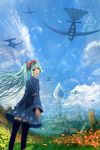  aircraft airplane aqua_eyes aqua_hair city cloud day flower hatsune_miku headphones highres long_hair looking_back sakimori_(hououbds) sign skirt sky solo thighhighs vocaloid 