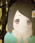  animated animated_gif araragi_tsukihi black_eyes black_hair blush fried_egg hair_ornament lowres monogatari_(series) nisemonogatari non-web_source platinum_disco_(song) short_hair smile solo 