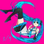  39 aqua_eyes aqua_hair dated detached_sleeves hatsune_miku headphones headset long_hair mikupa necktie sako_(missyon) simple_background skirt smile solo thighhighs twintails very_long_hair vocaloid zettai_ryouiki 