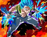  1boy abs attack blue_eyes blue_hair commentary_request dragon_ball dragon_ball_super dragon_ball_super_broly fighting_stance fingernails fire from_above full_body gogeta grin male_focus outstretched_arms pants shaded_face shirtless short_hair smile spiked_hair spread_legs stomach super_saiyan_blue white_pants 