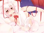  :&lt; animal_ears bed blush covering covering_breasts guratan_(guratan18) inubashiri_momiji legs_up looking_at_viewer lying no_hat no_headwear no_shoes on_back on_bed panties pillow pink_hair red_eyes ribbon short_hair side-tie_panties single_thighhigh solo tail thighhighs topless touhou underwear underwear_only white_hair white_legwear white_panties wolf_ears wolf_tail 