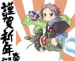  achakura asakura_ryouko bamboo_rocket blue_eyes blue_hair brown_eyes cardigan dragon fan horns kimidori-san kita_high_school_uniform knife multiple_girls nagato_yuki new_year pine purple_hair school_uniform serafuku short_hair suzumiya_haruhi-chan_no_yuuutsu suzumiya_haruhi_no_yuuutsu 