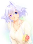  blue_eyes blush flower heterochromia highres lavolpe_(yagisaka_seto) original purple_eyes short_hair_with_long_locks sidelocks signature silver_hair single_hair_intake smile solo upper_body yagisaka_seto 