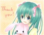 39 aqua_hair blue_eyes commentary_request english hatsune_miku long_hair mikupa solo stuffed_animal stuffed_bunny stuffed_toy thank_you twintails vocaloid 