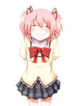  bow closed_eyes hair_ribbon kaname_madoka mahou_shoujo_madoka_magica pink_hair plaid plaid_skirt ribbon ryuunosuke_(luckyneco) school_uniform short_twintails skirt smile solo twintails white_background 