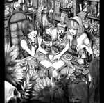  adapted_costume alice_margatroid bare_shoulders book bookshelf bottle cake chair chin_rest cup doll doll_joints flower food hairband hane_(azelye) kazami_yuuka letterboxed monochrome multiple_girls room sewing_machine shanghai_doll short_hair sitting skull sleeveless sunflower symmetry table teacup teapot touhou 