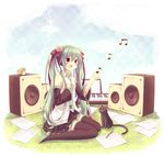  amane_kurumi beamed_eighth_notes blush boots cat chipmunk detached_sleeves eighth_note flower green_eyes green_hair hair_ribbon hand_on_own_chest hatsune_miku highres instrument keyboard_(instrument) long_hair music musical_note necktie open_mouth pencil ribbon sheet_music singing sitting skirt solo speaker squirrel thigh_boots thighhighs twintails very_long_hair vocaloid wariza 