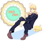  :t ahoge androgynous artoria_pendragon_(all) bad_id bad_pixiv_id blonde_hair copyright_name doughnut eating fate/zero fate_(series) food food_on_face formal green_eyes long_hair mister_donut necktie pant_suit pingo0423 pon_de_lion pon_de_ring ponytail puffy_cheeks saber solo suit tears 