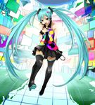  aqua_eyes arm_behind_back bare_shoulders boots eiji_(eiji) hand_on_own_chest hatsune_miku headset high_heels long_hair necktie shoes skirt solo tell_your_world_(vocaloid) thigh_boots thighhighs twintails very_long_hair vocaloid 