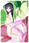  1girl accel_world antenna_hair ass back-print_panties barefoot black_hair blush breasts closed_mouth clothes_writing commentary_request crotch_seam frilled_panties frills from_side frown invisible_floor kneeling kuroyukihime legs long_hair looking_at_viewer looking_back marutaya panties pig_print print_panties red_eyes small_breasts solo string_bra string_panties underwear underwear_only zoom_layer 