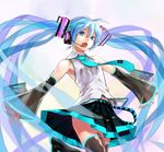  armpits bare_shoulders blue_eyes blue_hair detached_sleeves hatsune_miku headset kawakami_rokkaku leg_up long_hair necktie open_mouth outstretched_arms pleated_skirt skirt solo thighhighs twintails very_long_hair vocaloid 