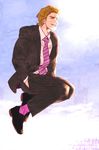  blonde_hair closed_eyes formal jumping keith_goodman male_focus mamemo_(daifuku_mame) necktie sky solo suit tiger_&amp;_bunny 