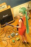  amplifier barefoot cable dress effects_pedal fender fender_mustang from_above gibson green_eyes green_hair guitar hatsune_miku instrument les_paul long_hair looking_back marshall orange_amplifiers solo twintails v very_long_hair vocaloid zenox 