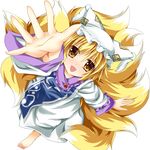  arm_up bad_id bad_pixiv_id barefoot blonde_hair dress fox_tail hat kmkm9696 multiple_tails ofuda open_mouth outstretched_hand smile solo tabard tail touhou white_dress yakumo_ran yellow_eyes 