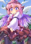  animal_ears black_legwear blonde_hair blush cloud day dress frilled_skirt frills fun_bo hat leaf lily_white long_sleeves multiple_girls mystia_lorelei outstretched_arms pink_hair purple_eyes short_hair skirt skirt_hold sky spread_arms tears thighhighs touhou tree wings 