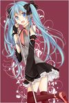  aqua_eyes aqua_hair bad_id bad_pixiv_id fingerless_gloves gloves hair_ribbon hatsune_miku hekiiro highres leg_lift long_hair microphone microphone_stand open_mouth ribbon skirt solo thighhighs twintails very_long_hair vocaloid 