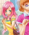  aqua_eyes bag blush breasts brown_hair coin fluttershy glasses handbag hands long_hair messy_hair my_little_pony my_little_pony_friendship_is_magic open_mouth parody personification pink_hair racoon-kun red_eyes shy small_breasts solo_focus very_long_hair 