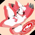  blush claws english_text feral looking_at_viewer mammal mongoose nintendo okunawa pok&#233;mon pok&eacute;mon pose red_eyes simple_background solo teeth text tooth video_games zangoose zangoose_day 