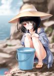  another black_hair blurry bucket depth_of_field eyepatch futsuka_(dzone) hands_on_own_knees hat highres misaki_mei octopus one-piece_swimsuit red_eyes sandals school_swimsuit short_hair solo squatting sun_hat swimsuit toes 
