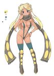  1girl black_eyes blonde_hair capcom dark_skin monster_hunter oota_yuuichi personification scarf sling_bikini solo swimsuit uragaan 