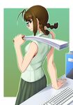  akizuki_ritsuko antenna_hair bare_shoulders book braid brown_hair fan from_behind glasses harisen idolmaster idolmaster_(classic) keyboard_(computer) looking_back pleated_skirt sat skirt smile solo twin_braids 