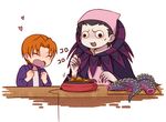  ^_^ bandana black_eyes black_hair caster_(fate/zero) chibi closed_eyes cooking fate/zero fate_(series) head_scarf heart heart-shaped_mouth jacket kty_(04) male_focus multiple_boys orange_hair purple_jacket tentacles uryuu_ryuunosuke white_background 