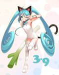  39 ahoge animal_ears aqua_eyes aqua_hair bad_id bad_pixiv_id boots cat_ear_headphones cat_ears cat_tail flat_chest fujishiro_touma grin hatsune_miku headphones highres long_hair looking_at_viewer mikupa necktie one-piece_swimsuit one_eye_closed platform_footwear smile solo spring_onion standing standing_on_one_leg striped striped_legwear swimsuit tail thigh_boots thighhighs twintails v very_long_hair vocaloid white_swimsuit 