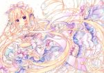  blonde_hair blush bow dress gloves long_hair original purple_eyes puu_(kari---ume) 