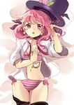  artist_request blush bra crescent_conundrum earrings fang hair_ribbon hat holding jewelry lingerie lying midriff navel on_back open_clothes open_mouth open_shirt panties pink_eyes pink_hair pocket_watch ribbon shirt sketch solo striped striped_panties sword_girls top_hat underwear watch 