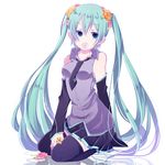  aoi_nana aqua_eyes aqua_hair bad_id bad_pixiv_id bare_shoulders detached_sleeves flower hair_flower hair_ornament hatsune_miku long_hair looking_away mouth_hold necktie simple_background sitting skirt solo thighhighs twintails very_long_hair vocaloid 