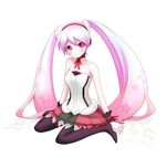  7th_dragon_(series) 7th_dragon_2020 bare_shoulders black_footwear blush boots full_body hatsune_miku iray long_hair pink_eyes pink_hair sakura_miku simple_background sitting skirt solo thighhighs twintails very_long_hair vocaloid wariza white_background 