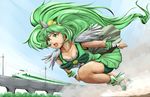  bike_shorts collarbone cure_march eyelashes green green_eyes green_hair green_shorts green_skirt ground_vehicle harihisa highres long_hair magical_girl midorikawa_nao no_choker ponytail precure running shinkansen shoes shorts shorts_under_skirt skirt smile_precure! solo train tri_tails wrist_cuffs 