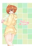  arcana_heart arcana_heart_2 arcana_heart_3 ass bottomless brown_eyes brown_hair cup drink elsa_la_conti english hair_over_one_eye looking_at_viewer minatsu_(popsta) mug naked_sweater no_panties solo sweater 