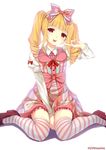  between_legs blonde_hair caidychen drill_hair highres original red_eyes sitting solo striped striped_legwear thighhighs twin_drills twintails wariza white_background 