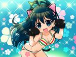  animal_ears bikini black_hair blue_eyes blush breasts cat_ears cat_paws cat_tail cleavage earrings fake_animal_ears fang ganaha_hibiki high_ponytail idolmaster idolmaster_(classic) jewelry kingyo layered_bikini long_hair medium_breasts multicolored multicolored_bikini multicolored_clothes multicolored_stripes navel open_mouth paws ponytail solo striped striped_bikini swimsuit tail 