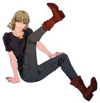  barnaby_brooks_jr blonde_hair boots facial_hair full_body glasses green_eyes highres jewelry leg_up male_focus mikuni_saho necklace shirt simple_background solo t-shirt tiger_&amp;_bunny white_background 