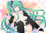  anklet bridal_gauntlets center_opening green_eyes green_hair hatsune_miku hatsune_miku_(append) jewelry long_hair madoromi_(zzzzzz) navel open_mouth sitting solo thighhighs twintails very_long_hair vocaloid vocaloid_append 
