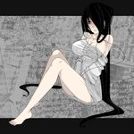  aoshima bare_legs bare_shoulders barefoot black_eyes black_hair breasts cable cleavage empty_eyes hair_over_one_eye headphones highres large_breasts long_hair naked_shirt no_bra off_shoulder original shirt slender_waist solo very_long_hair 