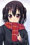  bad_id bad_pixiv_id black_hair coat k-on! kurou_(quadruple_zero) long_hair looking_at_viewer nakano_azusa red_eyes red_scarf scarf snow striped striped_scarf twintails upper_body v 