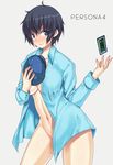  blue_eyes blue_hair blush breasts cabbie_hat card cleavage darabuchi floating_card groin hat hat_removed headwear_removed holding holding_hat large_breasts naked_shirt navel persona persona_4 shirogane_naoto shirt short_hair smile solo 