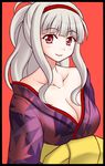  breasts cleavage collarbone hairband idolmaster idolmaster_(classic) japanese_clothes kimono large_breasts long_hair ponytail red_eyes shijou_takane silver_hair smile solo utomo 