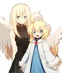 :d ahoge aqua_eyes blonde_hair character_request dress feathered_wings hand_on_another's_head long_hair lowres messier_number multiple_girls open_mouth simple_background smile tenshi_no_utsuwa white_background white_wings wings 