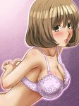  aoki_yuriko arms_behind_back awa bakuman blush bra breasts brown_hair large_breasts lingerie looking_at_viewer purple_bra solo strap_gap underwear 