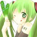  39 bad_id bad_pixiv_id bare_shoulders dated detached_sleeves green_eyes green_hair hatsune_miku koro_(ktdfn956) long_hair mikupa no_nose one_eye_closed solo spring_onion twintails vocaloid 