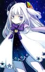  bags_under_eyes bow bowtie dress hair_ornament long_hair messier_number original pointy_ears purple_eyes solo thighhighs white_hair 